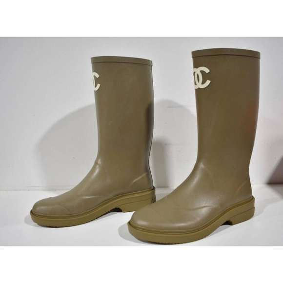 Chanel REV Dark Beige Caoutchouc White CC Logo High Pull On Rubber Rain Boots 36 - Picture 9 of 12